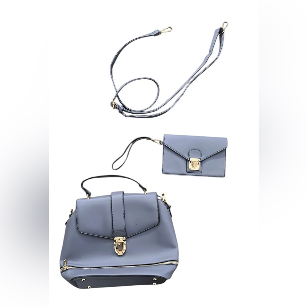 Gray Structured Shoulder Bag Set with Gold Accents